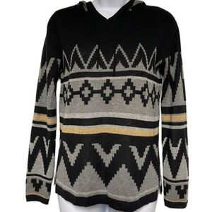 Hooked Up by I.O.T. Aztec Knit Hoodie Sweater Black Gray Beige Small Y2K 2010s